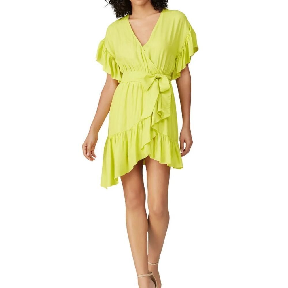 NISSA Ruffled Faux Wrap Dress Women's 4 Yellow Asymmetrical V-Neck RTR